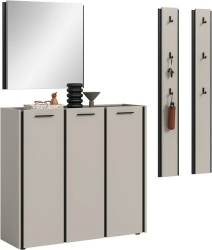 HOME AFFAIRE Garderoben-Set "RAK", 4-teilig, Breite 180 cm, kaschmir/schwarz - Praktisches 4-teiliges Garderoben-Set mit Schuhkommode, Spiegel und Hakenpaneel. Platz für ca. 54 Schuhe und einfache Selbstmontage sorgen für Ordnung im Flur.