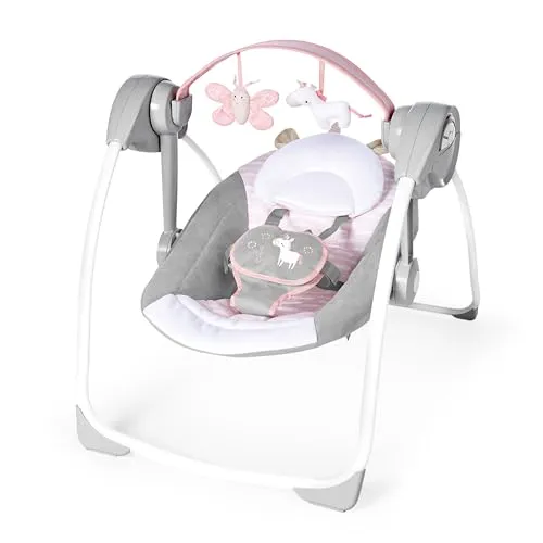 Ingenuity tragbare Babyschaukel & Babywippe Flora the Unicorn - Babywippen & -schaukeln mit 6 Schaukelgeschwindigkeiten, 12 Melodien und abnehmbarem Spielbügel für stundenlangen Komfort und Unterhaltung.