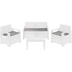 Dmora Set Gartenmöbel Covo Weiß, 4-Sitzer mit Tisch - Stilvolles Design für Ihren Garten - Gestalten Sie Ihren Außenbereich mit dem eleganten 4-Sitzer Gartenmöbelset. Robuste Materialien und bequeme Kissen sorgen für entspannte Stunden mit Familie und Freunden. Der praktische Tisch ergänzt das Set ideal.