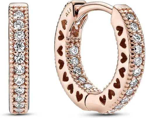 Pandora Paar Creolen Pandora Herzen - Elegante Creolen aus einzigartiger Pandora Rose Legierung, roségold plattiert, mit funkelnden Zirkonias und seitlich ausgestanzten Herzen – ein perfektes Accessoire für jeden Anlass.