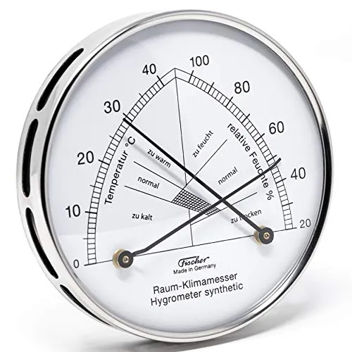 Fischer Klimamesser 142.01 - Präzises Hygrothermometer - Feuchtigkeitsmessgerät mit Bimetall-Thermometer, optimal für Raumklima-Überwachung. Edelstahlgehäuse, Durchmesser 100 mm, Made in Germany.