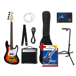 Rocktile Groover's Pack JB E-Bass Sunburst Set II - Komplettes E-Bass Set mit 3-Color-Sunburst Finish, inklusive Verstärker, Gurt und E-Bass-Schule für Einsteiger und Fortgeschrittene.