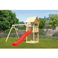 Karibu Spielturm Lotti mit Rutsche & Doppelschaukel - Spielturm aus hochwertigem Fichtenholz mit TÜV Nord-GS-Zertifizierung. Bietet sicheres Spielvergnügen mit Rutsche und Doppelschaukel für stundenlangen Spaß im Garten.