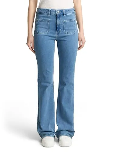 TOM TAILOR Denim TTAVA Flared Jeans - Moderne Flared Jeans im Five-Pocket-Style mit hoher Bundhöhe für einen bequemen Sitz. Ideal für Freizeit und besondere Anlässe. Pflegeleicht und vielseitig kombinierbar.