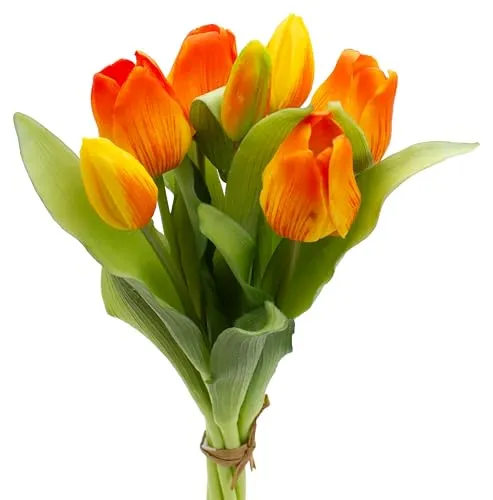 mucplants künstliche Tulpen Tulpenbündel mit 4 Tulpen und 3 Tulpenknospen real Touch (Orange-Rot)