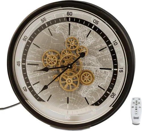 Wanduhr mit beweglichen Zahnrädern und LED Licht D. 60cm schwarz gold - Wanduhren mit einzigartigem Design, große Wanduhr aus Metall mit goldenen, drehenden Zahnrädern und stimmungsvollem LED Licht, ideal für moderne Wohnräume.