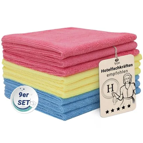 ZOLLNER 9er Set Mikrofasertücher für streifenfreien Glanz - flusenfreie und saugstarke Reinigungstücher - waschbar bis 60°C - mehrfarbig in 32x32cm - Hotelqualität