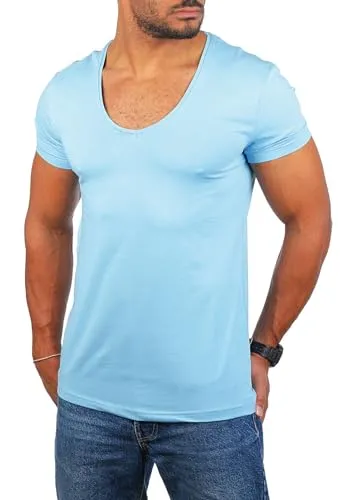 Young & Rich Herren Uni T-Shirt Basic mit extra tiefem V-Ausschnitt Slimfit deep V-Neck Stretch dehnbar 1315, Grösse:M, Farbe:Hellblau