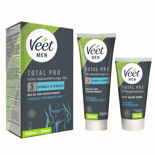 Veet Men Intim-Haarentfernungs-Set - Enthaarungsmittel für den Intimbereich, entfernt unerwünschte Haare schnell und einfach in nur 5-10 Minuten, inklusive pflegendem Balsam mit Aloe Vera für ein beruhigtes Hautgefühl.