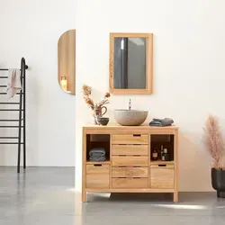Tikamoon Waschtisch 100 cm aus massivem Teakholz - Modell Serena - Eleganter Waschtisch aus massivem Teakholz, ideal kombinierbar mit verschiedenen Waschbecken. Zwei Schubkästen und offene Ablageflächen bieten praktischen Stauraum. Jedes Stück ist ein handgefertigtes Unikat.
