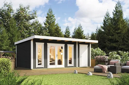Lasita Gartenhaus Blockhaus Sizilien 2 Pultdach 44 mm - Gartenhaus mit 19,32 m² Nutzfläche, isolierverglasten Fenstern und abschließbaren Türen – ideal für Gartenliebhaber und als zusätzlicher Stauraum.