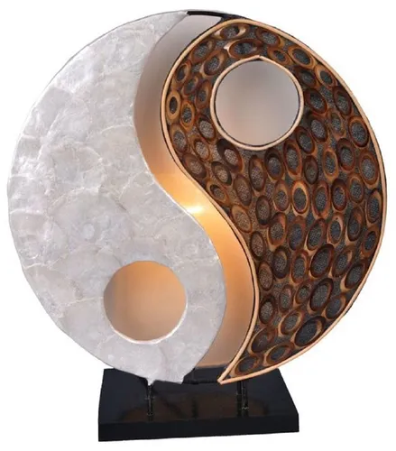 Tischlampe YING YANG NATUR – Runde Deko-Leuchte aus Naturmaterial - Elegante Tischlampe für jeden Raum, Höhe ca. 30 cm, mit E14-Sockel. Schafft eine gemütliche Atmosphäre in Arbeitszimmer, Esszimmer und mehr.