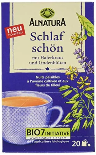 Alnatura Schlaf Schön Tee, 40 g - Teemischung mit Haferkraut, Lindenblüte und Lavendel. Ideal für entspannte Nächte. 20 Aufgussbeutel für einen blumigen Geschmack und ein angenehmes Aroma.