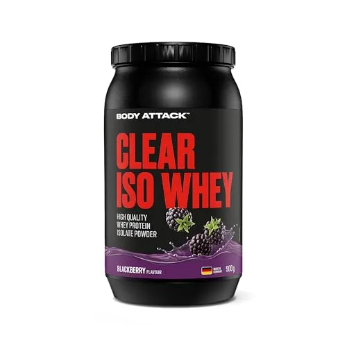 Body Attack Clear Iso Whey - Blackberry, 900g - Made in Germany - Erfrischendes, klares Whey Protein Isolat - 24 g Protein und 11.400 mg EAAs pro Iso Whey Shake, zucker-& fettfrei