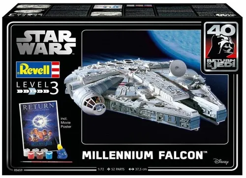Revell 05659 Star Wars Millennium Falcon Bausatz 1:72 - Modellbausatz für Star Wars Fans: Baue den legendären Millennium Falcon im Maßstab 1:72 mit 52 detailgetreuen Teilen und beeindruckender Länge von 375mm.