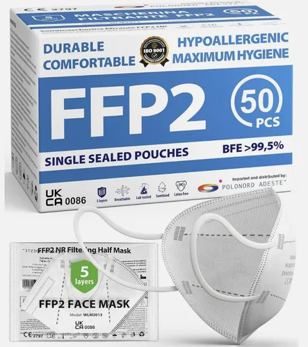 ADESTE FFP2 Masken - 50 Stück, 5-lagige Atemschutzmaske - Faltbare Staubschutzmasken, geprüfte 5-lagige Filtermaske mit hohem Schutz und atmungsaktiven, hypoallergenen Gummibändern für maximalen Komfort.