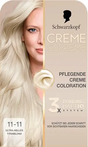 Schwarzkopf Creme Supreme Coloration 11-11 Ultra-Helles Titanblond (182 ml) - Dauerhafte Haarfarbe mit Serum für strahlende Ergebnisse. Schützt das Haar während des Färbens und sorgt für intensive Pflege und 100% Grauabdeckung.