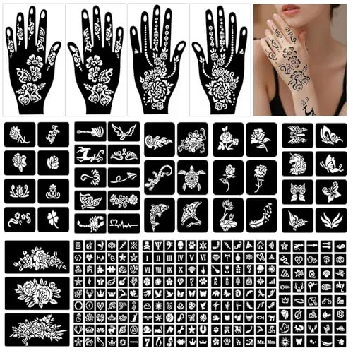 Henna Schablonen, 247 Stück Temporäre Henna Tattoo Schablonen, 14 Blätter Henna Tattoo Set für Frauen Mädchen Teens Face Paint Body Art