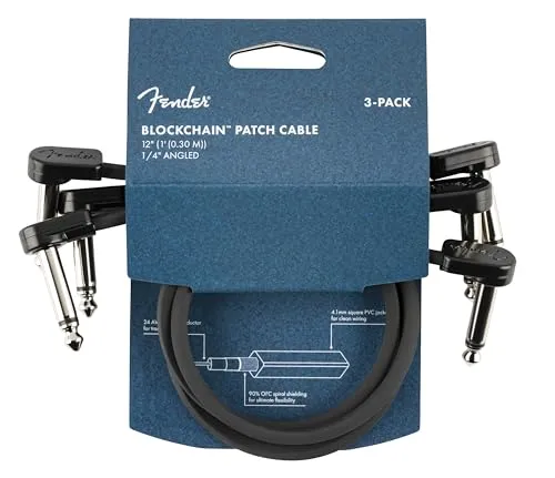 Fender Blockchain 12" Mono Kabel gewinkelt 3er Pack - Praktisches 3er Set gewinkelte Mono-Kabel (30,5 cm) mit flachem PVC-Mantel in Schwarz. Ideal für platzsparende Verbindungen in der Audio- und Videotechnik.