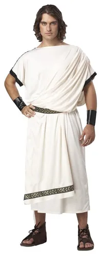 Deluxe Toga Kostüm für Herren - Kostüm-Outfits für Erwachsene, elegante cremefarbene Tunika mit goldenen Akzenten und schwarzem Kunstleder für einen beeindruckenden Auftritt.