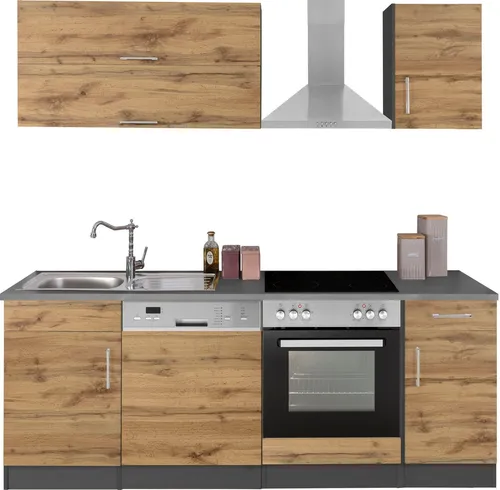 Küchenzeile KOCHSTATION "KS-Colmar", grau - Komplettküche 210 cm - Küchenzeilen - Hochwertige Küchenzeile mit durchgehender Arbeitsplatte, ideal für jedes Zuhause. Made in Germany, vielseitig und platzsparend, ohne E-Geräte.
