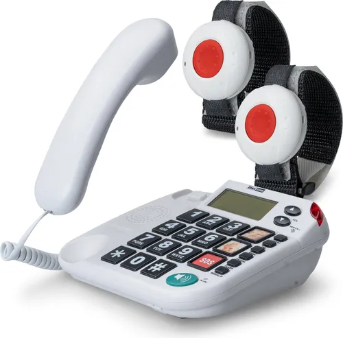 Maxcom KXTSOS Seniorentelefon mit Funk-Notruf-Sender - Festnetztelefon für Senioren mit großen Tasten und zwei Armbandsendern für zusätzliche Sicherheit und einfache Handhabung.