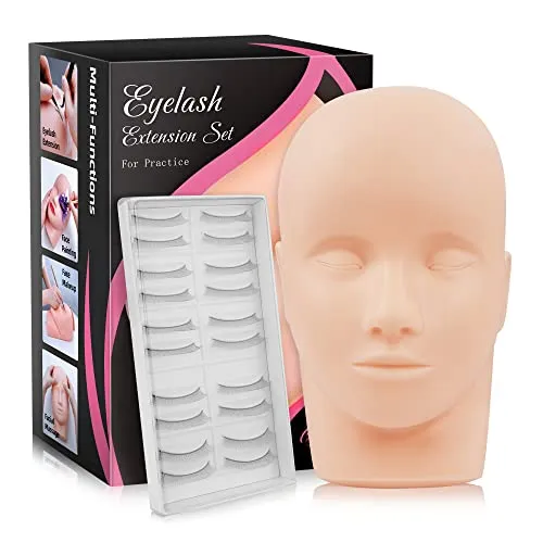 Beauty7 Wimpernverlängerung Übungskopf Mannequin Kopf mit 10 Paaren Übungswimpern zum Üben Make Up Eye Falsche Wimpern Wimpernverlängerung Schminken Trainingsköpfe Schminkkopf Massage Trainingspraxis