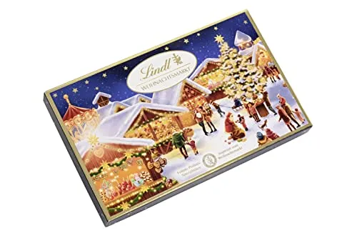 Lindt Weihnachts-Markt Pralinés | 130g mit 12 festlichen Pralinen in 3 Sorten | Teilweise alkoholhaltige Premium-Pralinen | Edles Schokoladengeschenk zu Weihnachten | Exklusives Pralinen-Geschenk