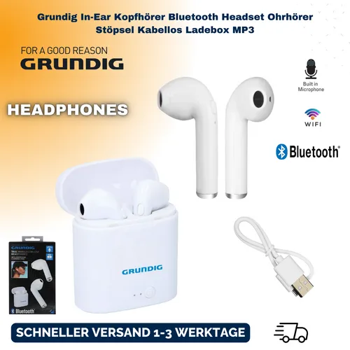 Grundig In-Ear Kopfhörer Bluetooth Headset - Kabellose In-Ear-Kopfhörer in elegantem Weiß mit integrierten Mikrofon und praktischer Ladebox – ideal für Musikliebhaber unterwegs.