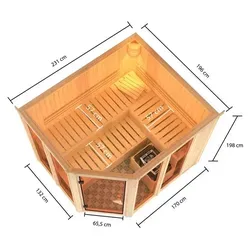 KARIBU Innensauna Nuri mit Ganzglastür - Moderne Systemsauna aus Fichte, optimal für 2-4 Personen. Genießen Sie entspannende Momente in Ihrer eigenen Wellness-Oase mit einer großzügigen Liegefläche von 3,90 m².
