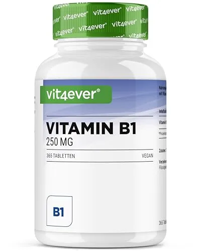 Vitamin B1 (Thiamin) 250 mg - 365 Tabletten - Hoch bioverfügbar & vegan - Vitamin B1 Präparate: 12 Monate Vorrat mit 250 mg pro Tablette, unterstützt die Psyche und das Nervensystem, 100% vegan und ohne unerwünschte Zusätze.