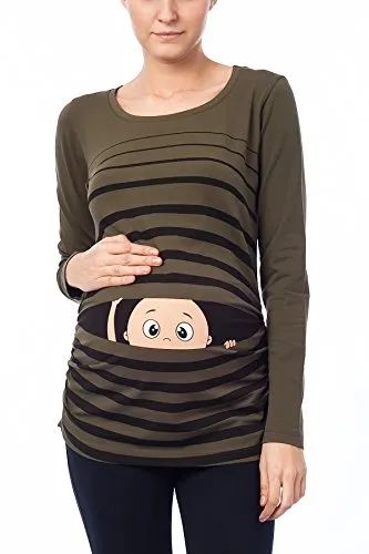 Witzige süße Umstandsmode T-Shirt mit Motiv Schwangerschaft Geschenk - Langarm (Khaki, Small)