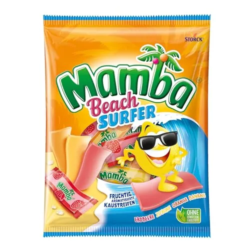 Mamba Beach Surfer – 1 x 160g – Leckere Kaustreifen mit Fruchtgeschmack in vier verschiedenen Sorten – Süßigkeiten Mix einzeln verpackt