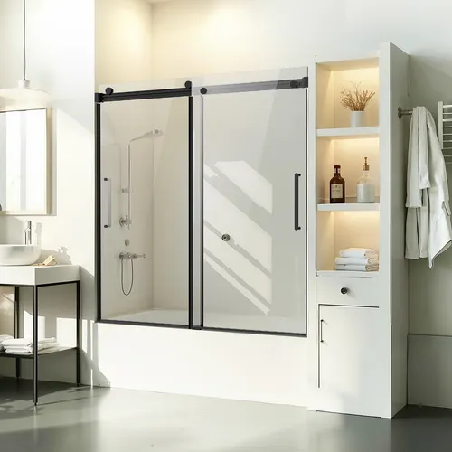 VEVOR Rahmenlose Schiebetür für Badewanne, 1422-1524x1524mm - Sanitärinstallation mit schlankem Design und bruchsicherem, gehärtetem Glas. Ideal für stilvolle Badezimmer, ausgestattet mit wasserabweisender Nano-Beschichtung und langlebigen Materialien.