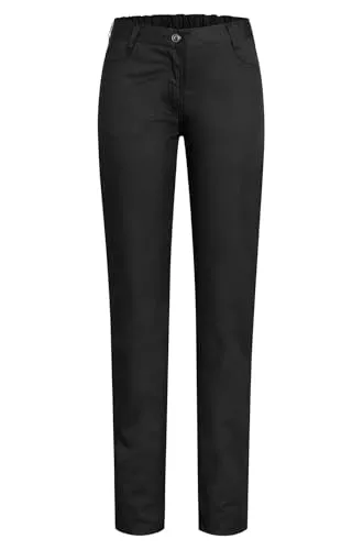 Greiff Damen Kochhose Schwarz, Gr. 32 - Stoffhosen für Damen, moderne Five-Pocket-Kochhose in Schwarz mit optimalem Tragekomfort und Gummibund für perfekte Passform. Zertifiziert durch den Grünen Knopf für nachhaltige Arbeitskleidung.