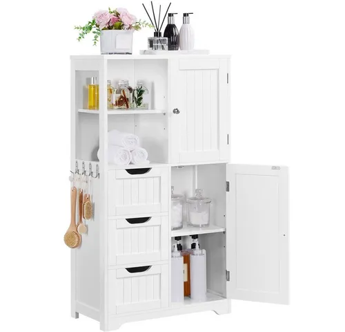 Yaheetech Badezimmerschrank mit Schubladen und Ablagefächern - Stabiler Badschrank aus FSC-zertifiziertem MDF-Holz mit verstellbaren Regalböden, Sicherheitsstoppern und praktischen Haken. Ideal für Badezimmer oder Eingangsbereiche, bietet er sicheren Stauraum und modernes Design.