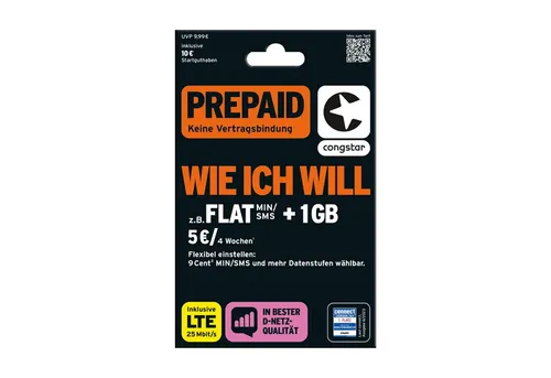 congstar Prepaid wie ich will – Flexibler Tarif mit 1-15 GB Datenvolumen - Gestalte deinen individuellen Prepaid-Tarif mit congstar: Wähle 1-15 GB Datenvolumen, bezahlbare 9 Ct. pro Min/SMS, LTE-Speed und EU-Roaming. Volle Kostenkontrolle und Anpassbarkeit alle 4 Wochen!