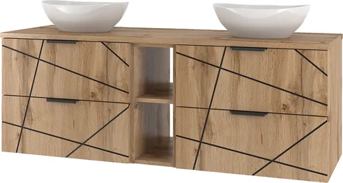 Petits-meubles Doppelwaschtisch in Holzoptik - Elegante Waschtischkombination für das Badezimmer mit 4 geräumigen Schubladen und einem modernen Keramikwaschbecken. Hergestellt aus FSC-zertifiziertem Holz für nachhaltige Qualität.