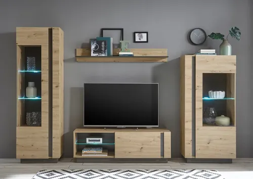 INOSIGN Wohnwand CLAiR Kombi 21, Set 4-teilig, Eiche Artisan - Moderne Wohnwand mit 2 Vitrinen, Lowboard und Wandregal. Griffloses Design und praktische Kabeldurchführung bieten viel Stauraum und eine elegante Optik.