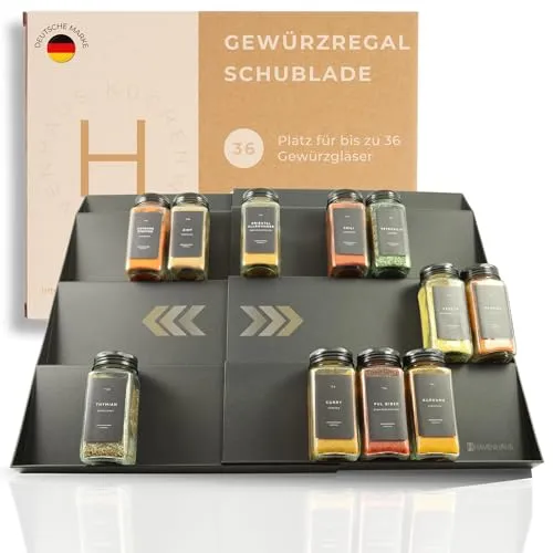 Havenhaus Gewürzregal Schublade | Verstellbarer Gewürz Organizer für alle Schubladen - Passt in jede Schublade mit nur 8 cm Höhe. Das 3-stöckige Design sorgt für schnellen Zugriff auf bis zu 36 Gewürzgläser. Robustes, pflegeleichtes Material für eine einfache Reinigung.