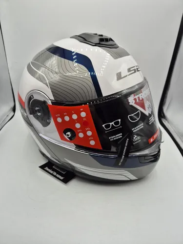 LS2 Modularer Motorradhelm STROBE II MONZA White Blue Red, M - Motorradhelm mit KPA-Schale für hohe Sicherheit und Multi-Density-EPS für optimale Stoßdämpfung. Modularität durch Auto-Up- und Auto-Down-System für flexiblen Einsatz.