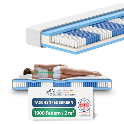 AM Qualitätsmatratzen Deluxe Taschenfederkernmatratze 90x200cm H2 - Hochwertige 7-Zonen Matratze mit 1000 Federn für optimale Unterstützung und ergonomische Entlastung. Made in Germany mit OEKO-TEX Siegel, ideal für Allergiker und waschbar bei 60°C.