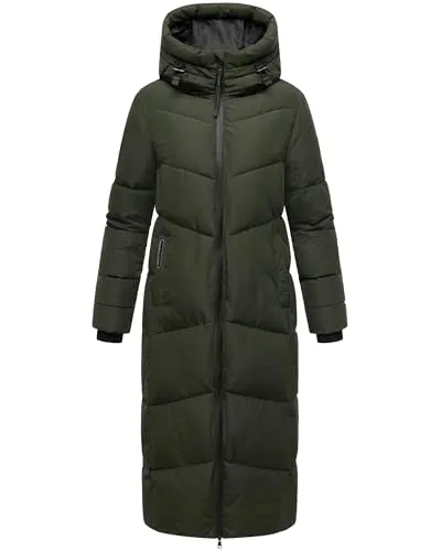 MARIKOO Damen Steppmantel Firella - Lang und Warm für Winter - Stylischer, gefütterter Steppmantel mit Kapuze, ideal für kalte Tage. Praktische Taschen und moderne Details bieten Komfort und Funktionalität für Alltag und Freizeit.