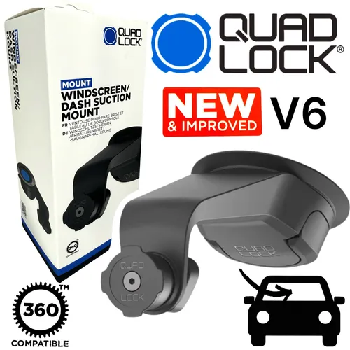 Quad Lock V6 Saugnapfhalterung für Windschutzscheibe oder Armaturenbrett - Praktische Halterung für Smartphones mit sicherem Halt, ideal für das Auto. Flexibel einsetzbar auf Windschutzscheibe oder Armaturenbrett.
