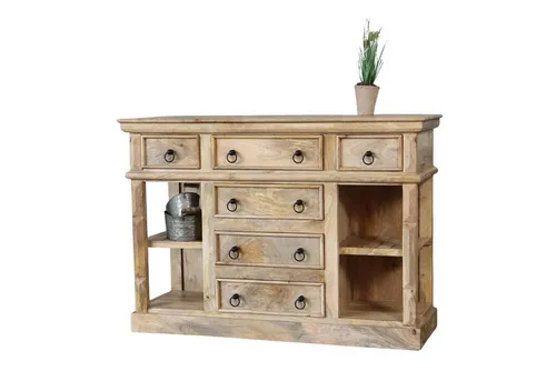 baario Kommode PAZIN 120cm aus massivem Mangoholz - Rustikale Anrichte mit 6 Schubladen, perfekt für den Landhausstil. Massivholz sorgt für Langlebigkeit und eine warme Atmosphäre in Ihrem Zuhause.