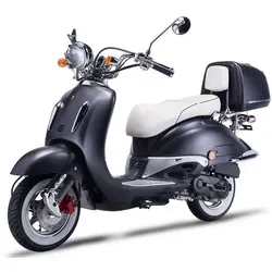 Motorroller Strada 50 ccm mit Top Case, mattschwarz - Retro trifft Moderne - Eleganter Motorroller Strada 50ccm, 45 km/h. Ideal für den Alltag mit praktischem Top Case für sicheren Transport. Erlebe stilvollen Komfort und nostalgisches Design.