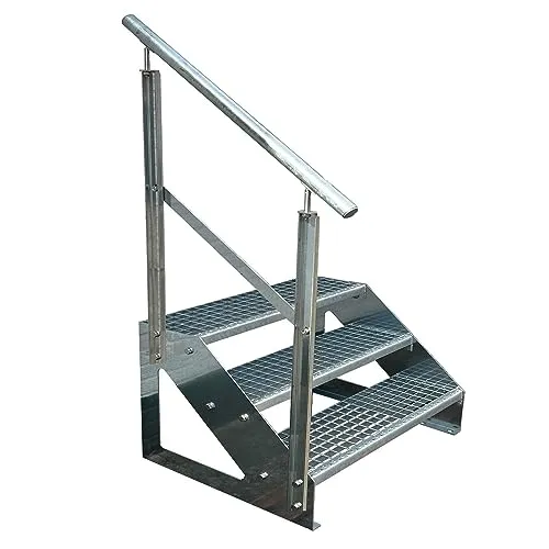 Kaminbau Mierzwa Premium Freistehende Treppe 3 Stufen mit Geländer Links - 800 mm Breite - Wetterfeste Gartentreppe aus hochwertigen Materialien, ideal für den Außenbereich. Einfache Montage und vielseitig einsetzbar, z.B. als Terrassentreppe oder Balkontreppe.