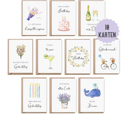 Things of Happiness Geburtskarte Set 10 Geburtstagskarten, Glückwunschkarten Geburtstag, inkl. 10 Briefumschläge