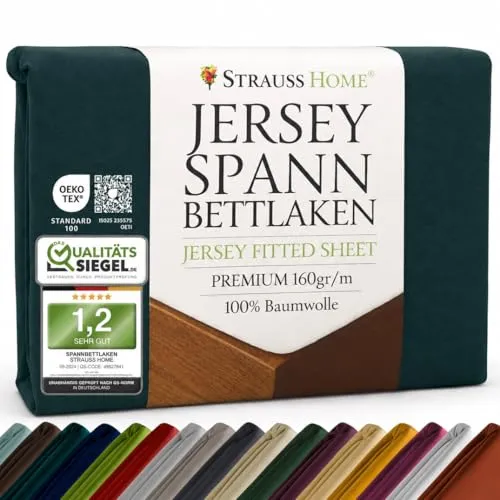 Strauss Home Premium Spannbettlaken Jersey 90x200-100x200 cm - 160 g/m² 100% gekämmte Baumwolle, 25 cm Steg, Oeko-TEX - für Einzelbett, Gästebett, Kinderbett - Petrol