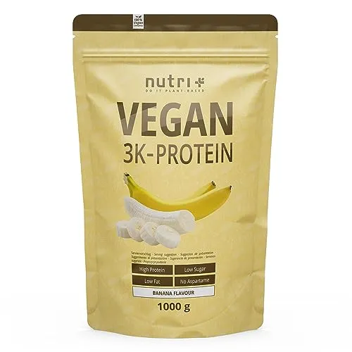 nutri+ Veganes 3K Proteinpulver - Banana, 1000 g Beutel - Protein Shakes & Muskelaufbau - Hochwertiges veganes Protein mit leckerem Bananengeschmack, ideal für Muskelaufbau und Regeneration.